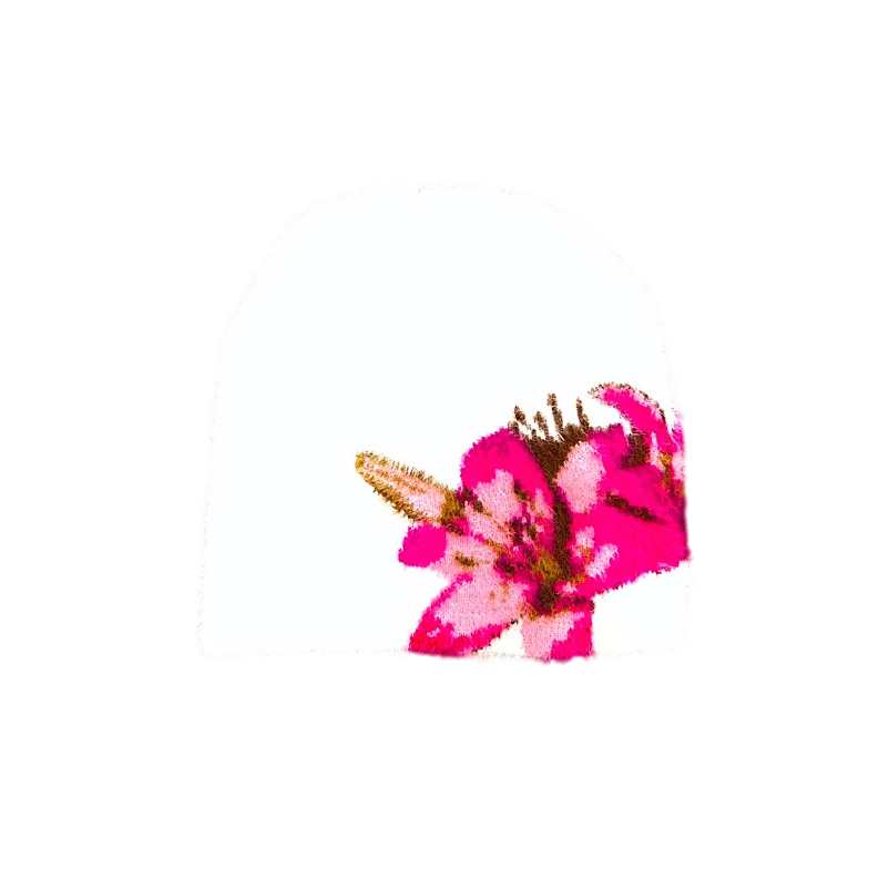 mohair outer, imitation mohair, jacquard knit, warm knit, soft knit, stretchy one size, custom logo tag, inner satin lining, white satin lined beanie, seika.one, seika, seikaone, lily, flower, winter